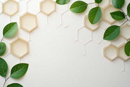 natural geometric honeycomb pattern with green leavesの素材