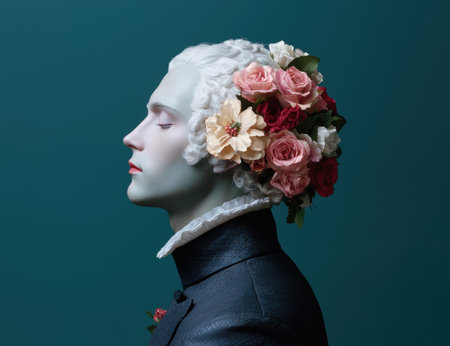 Elegant portrait of a person with a floral headpieceの素材