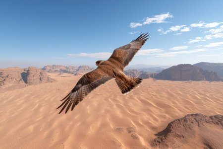 Majestic bird of prey soaring over desert landscapeの素材