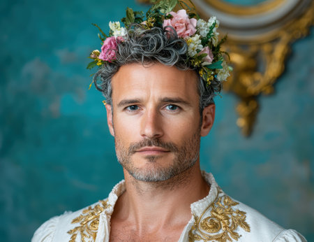 man with floral crown posing in ornate settingの素材