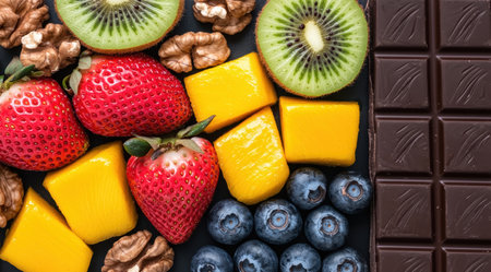 Assortment of healthy fresh fruits and dark chocolateの素材