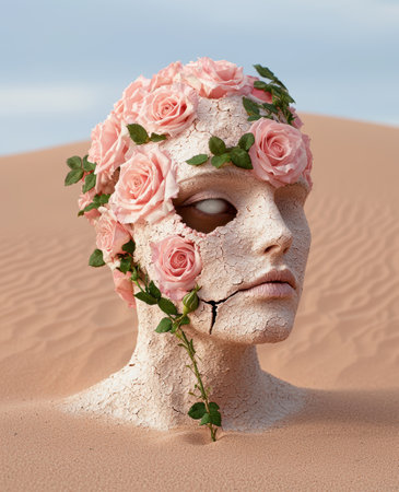 Surreal desert portrait with floral maskの素材