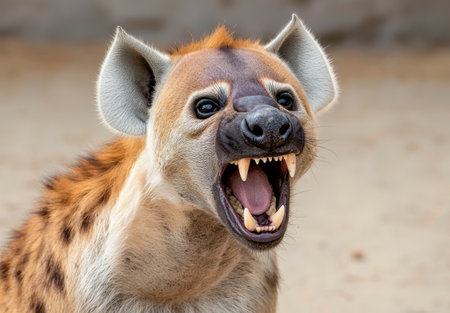 Aggressive hyena with open mouth and sharp teethの素材