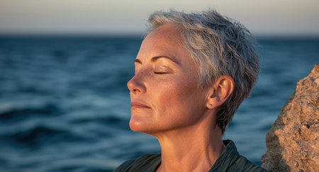 Serene woman enjoying the ocean viewの素材