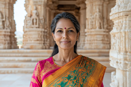 woman in traditional indian dress smiling in front of ornate templeの素材