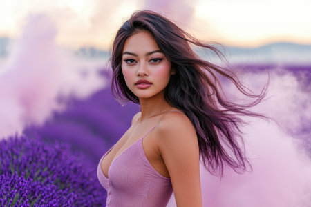 Captivating woman with flowing hair in lavender fieldの素材