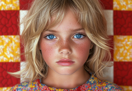 Closeup portrait of a young girl with blue eyes and frecklesの素材