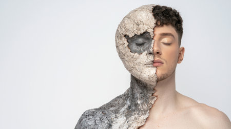 Surreal portrait of a person with a cracked, rocky faceの素材