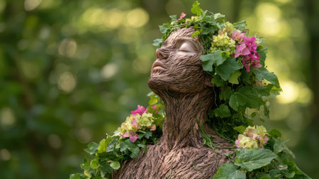 Whimsical floral face sculpture in natureの素材