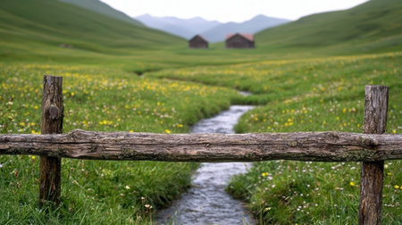 Peaceful mountain meadow with wooden fence and streamの素材