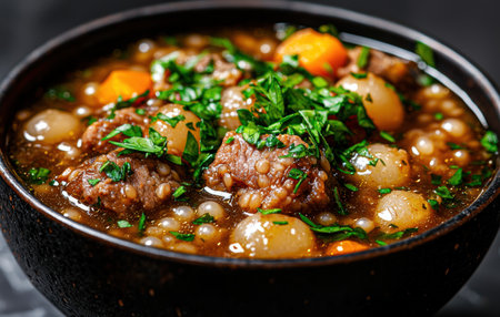 hearty beef and vegetable stew in a dark bowlの素材