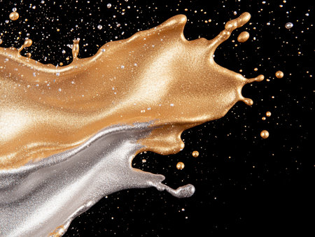 Sparkling golden liquid splash on black backgroundの素材