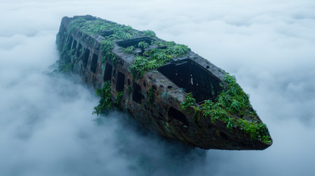 Abandoned ship overgrown with lush vegetation in the mistの素材