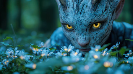 Mysterious blue creature in forestの素材