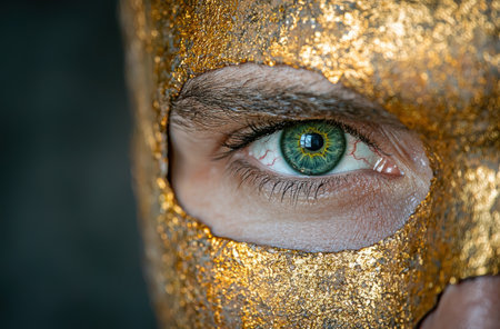 close-up of a green eye surrounded by golden glitterの素材