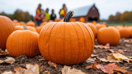 Autumn pumpkin patch with people in the backgroundの素材