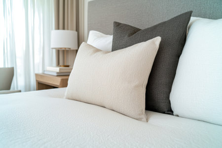 Cozy bedroom with soft bedding and pillowsの素材