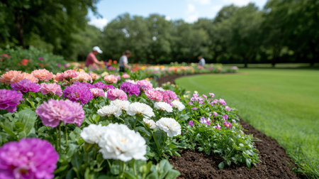 Vibrant floral garden with people strollingの素材