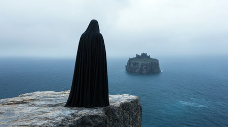 mysterious figure overlooking a castle on a cliffの素材