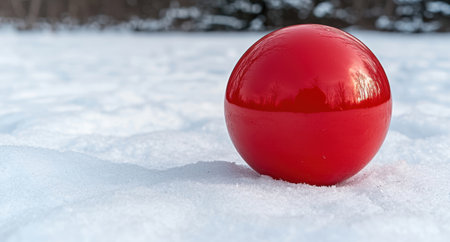 Vibrant red sphere in snowy landscapeの素材