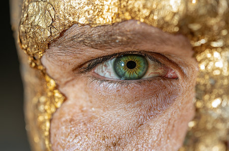 close-up of a human eye with golden skinの素材