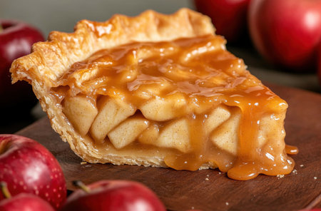 Delicious homemade apple pie slice with caramel toppingの素材