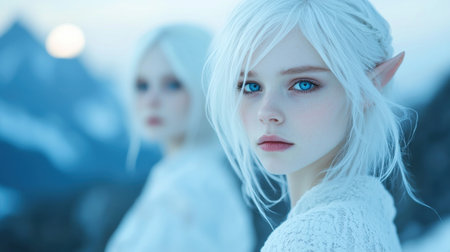 Enchanting elf-like woman with striking blue eyesの素材