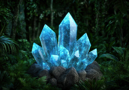 Glowing blue crystal cluster in lush tropical forestの素材