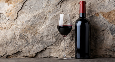 Red wine bottle and glass on rocky backgroundの素材