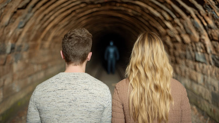 Couple exploring mysterious tunnelの素材