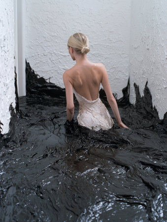 woman in white dress standing in dark waterの素材