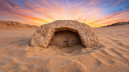 Dramatic sunset over desert caveの素材