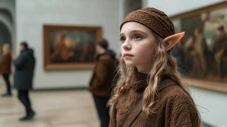 young girl with elf-like ears exploring art galleryの素材