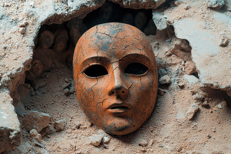 Cracked and weathered ancient maskの素材