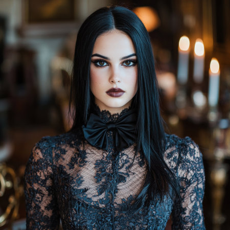 Mysterious woman in dark lace dressの素材