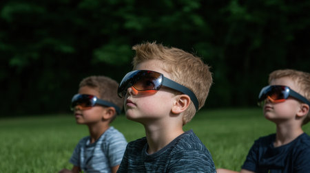 group of children wearing sunglasses in natureの素材