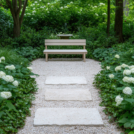 Peaceful garden retreat with stone path and benchの素材