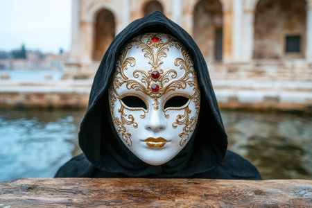 ornate venetian carnival mask with hooded figureの素材