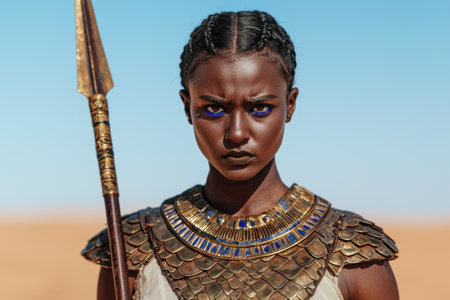 fierce warrior woman with braided hair and ornate gold armorの素材