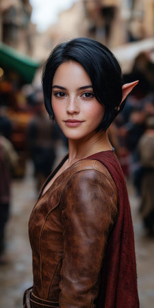 Mysterious woman with dark hair in a leather jacketの素材