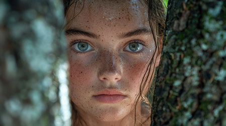Pensive young woman with freckles in natureの素材