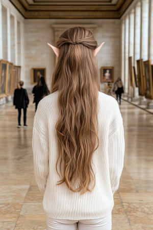 woman with long wavy hair in museumの素材