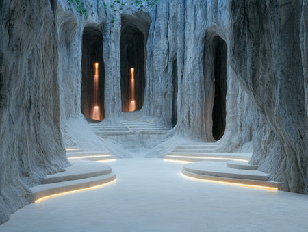 Mysterious underground temple with glowing lightsの素材