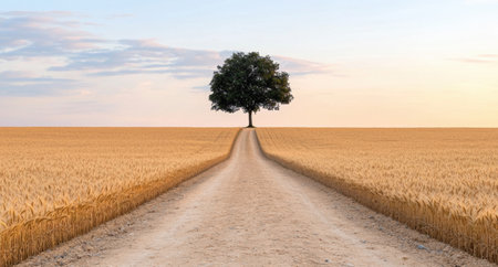 Serene countryside landscape with lone tree on pathの素材