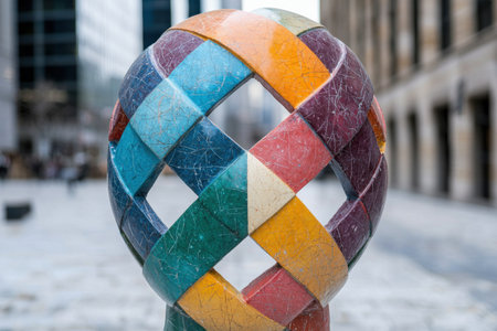 Colorful abstract sculpture in urban settingの素材