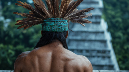 indigenous person with feathered headdress standing on wooden bridgeの素材
