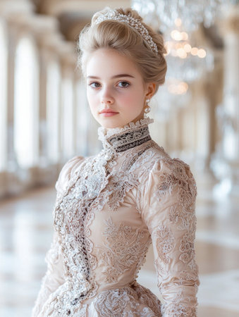 elegant woman in vintage lace dressの素材