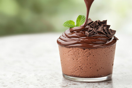 Delicious chocolate dessert with mint leavesの素材