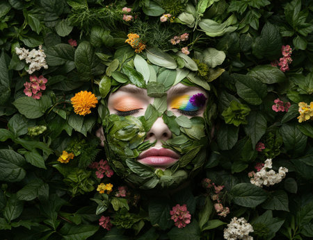 Vibrant floral face surrounded by lush greeneryの素材