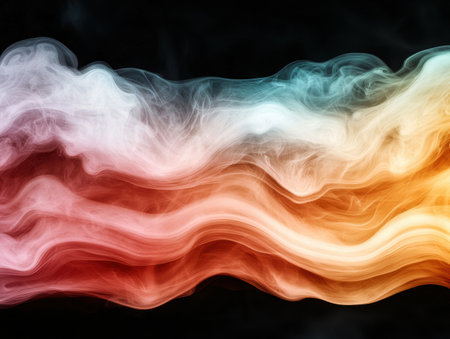 Colorful smoke swirls against a dark backgroundの素材